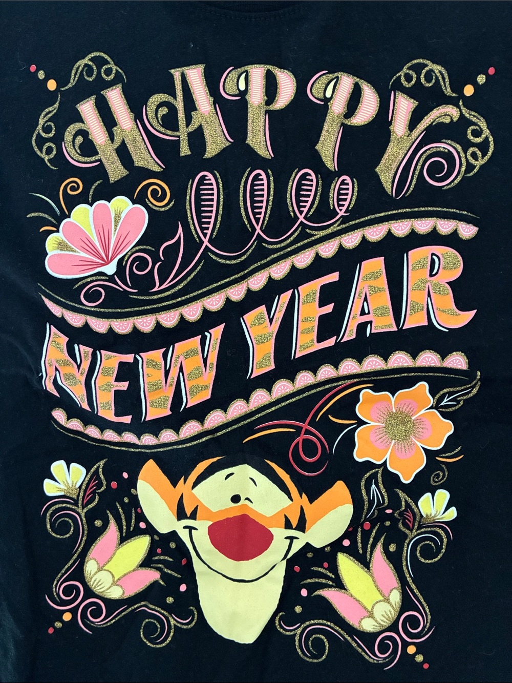 Disney Black Tee with Tigger 'Happy New Year' Floral Graphic Winnie the Pooh - Picture 3 of 4